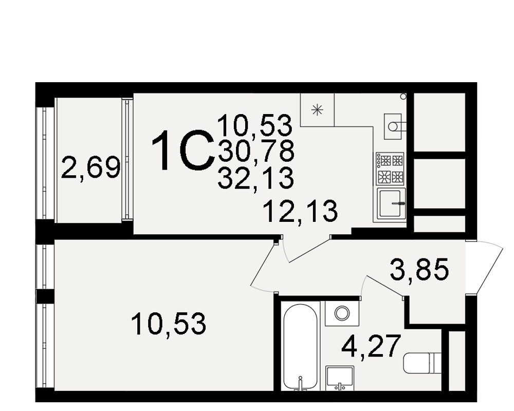 Планировка 1-комнатная, 32.13 м²