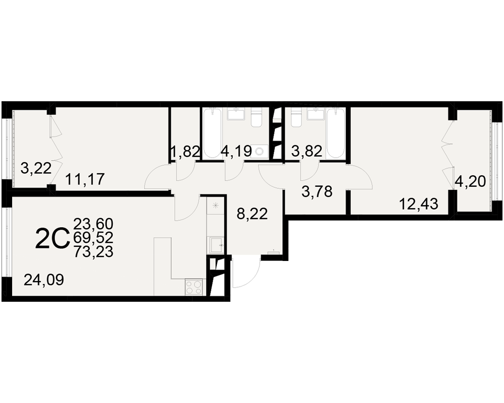 Планировка 2-комнатная, 73.23 м²