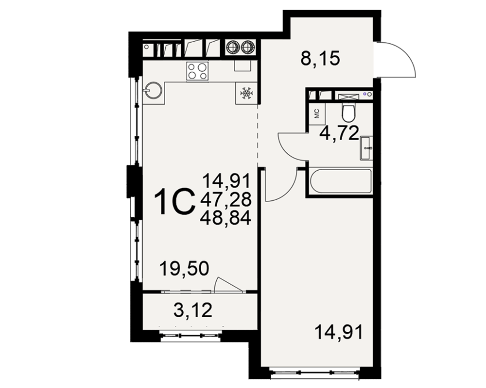 Планировка 1-комнатная, 48.84 м²
