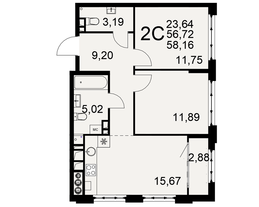 Планировка 2-комнатная, 58.16 м²