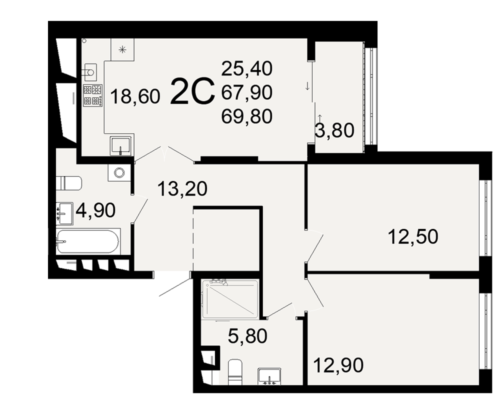 Планировка 2-комнатная, 69.8 м²