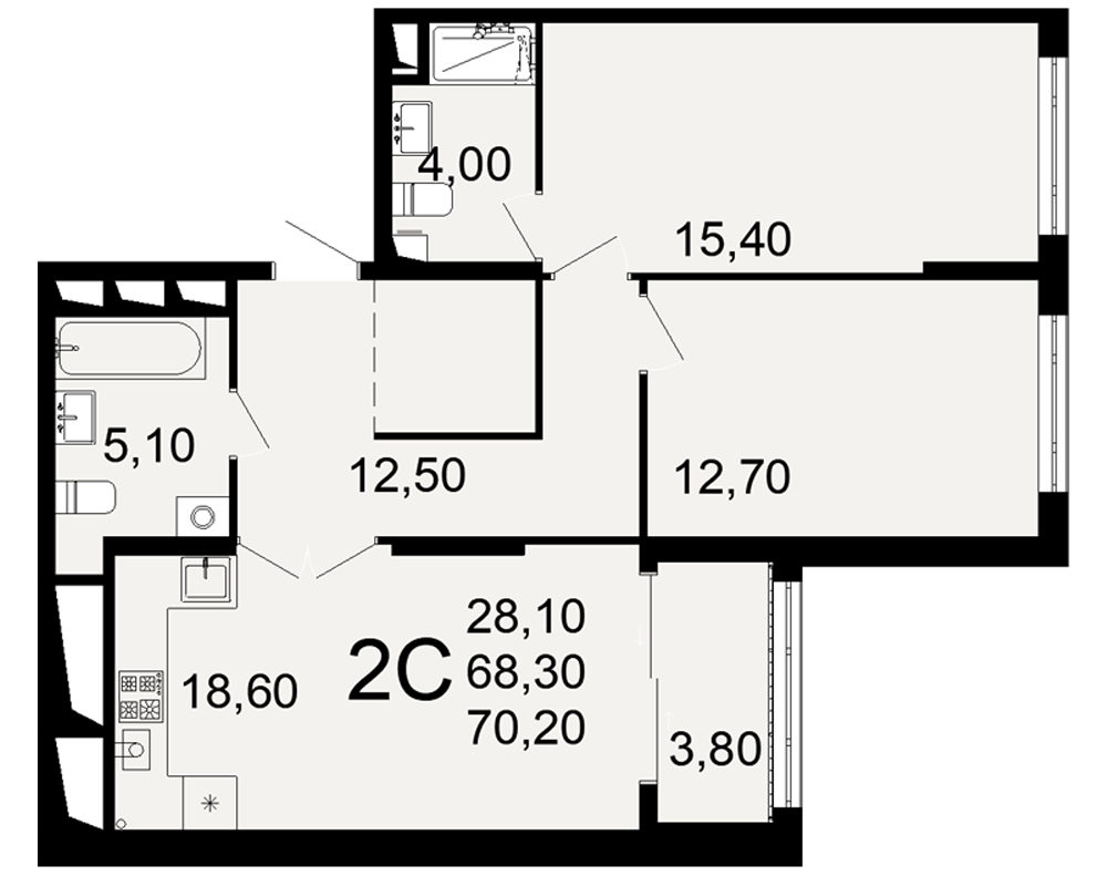 Планировка 2-комнатная, 70.2 м²